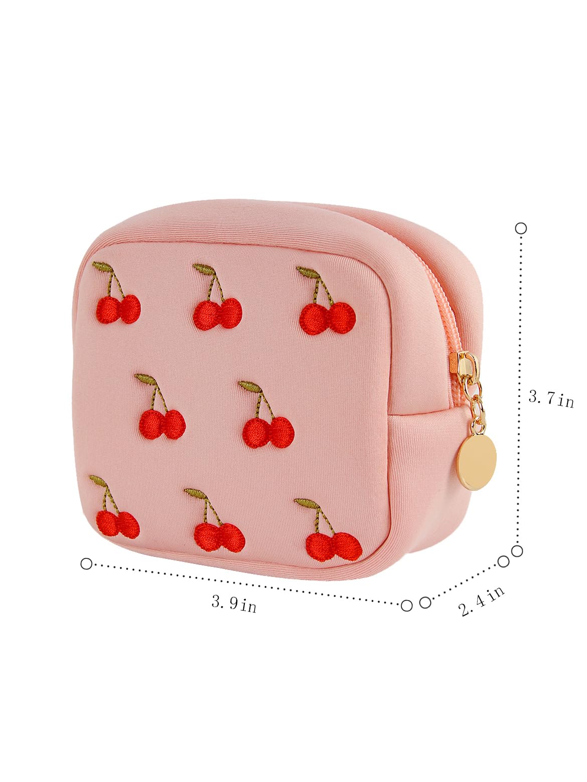 ZUCOLUS Pink Period Bag for Teen Girls, Mini Sanitary Napkin Storage Makeup Bag,Small Cherry Embroidery Period Bag for Women Girls