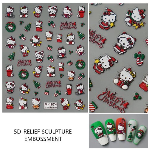 Cute 5D Relief Nail Art Sticker Decals Self Adhesive Christmas Cat Design Nail Decals Cartoon Cat Designer Nail Stickers for Women DIY Manicure Xmas Nail Stickers Decoration Accessories Supply