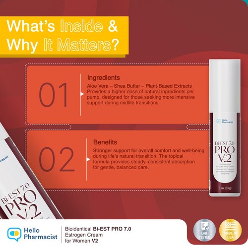 HelloPharmacist BiEst 7.0 PRO V2 Bioidentical Estrogen Cream for Women - 90 Pumps - Wild Yam Natural Estrogen Based Body Cream - 3oz