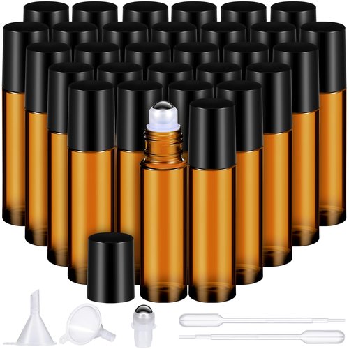 Domensi 30 Pcs Essential Oil Bottles, 10 ml Glass Bottle with Stainless Steel Roller Ball and Cap for Travel, Perfume, Lip Balm, 2 Funnels, 0.5 ml Dropper(Amber)