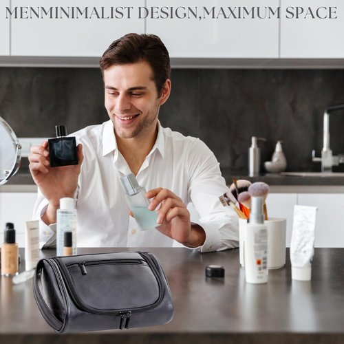 Cumbanho Mens Toiletry Bag, Compact Dopp Kit for Men Travel, PU Leather Shaving Kit, Water-Resistant Minimalist Organizer with Wrist Strap, Fits Grooming Essentials,Black
