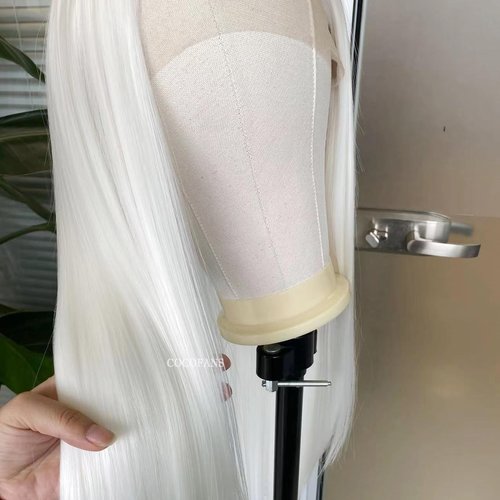 COCOFANS White Synthetic Lace Front Wigs for Women Girls Long Silky Straight Lace Wig Glueless Natural Hairline Wig Middle Part Heat Resitant Fiber Hair