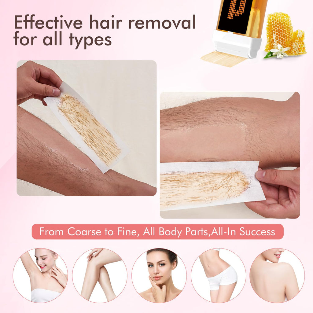 Waxpro Roll On Wax Kit, Wax Roller Kit - Waxing Kit for Women & Men with 2 Honey Wax Refills & 50 Wax Strips, Home Hair Removal for Body and Legs, Easy Painless & Smooth