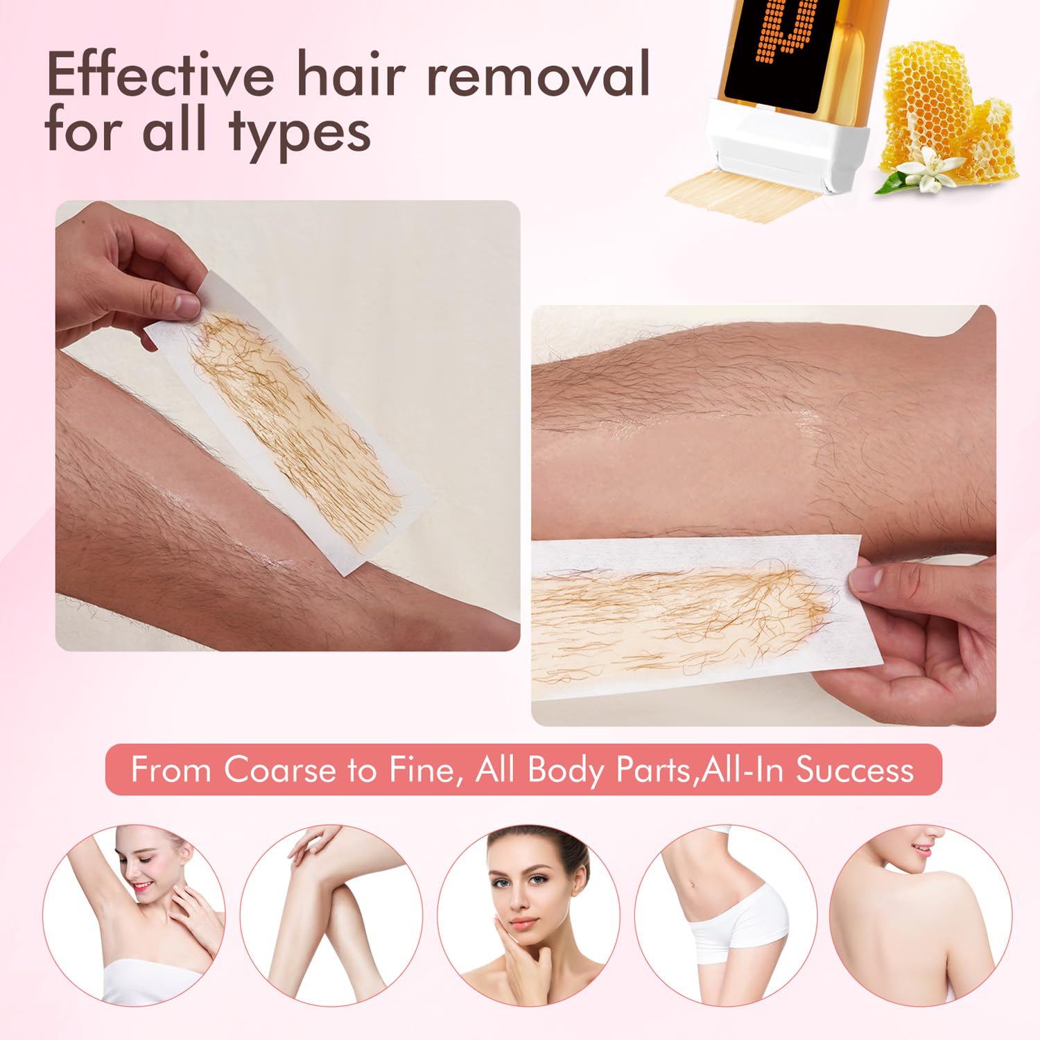 Waxpro Roll On Wax Kit, Wax Roller Kit - Waxing Kit for Women & Men with 2 Honey Wax Refills & 50 Wax Strips, Home Hair Removal for Body and Legs, Easy Painless & Smooth
