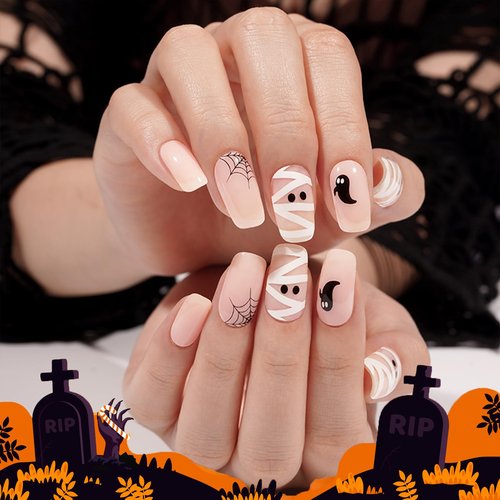 Nelikoo Halloween Semi Cured Gel Nail Strips, 20 pcs Gel Stikers, Wraps, Salon-Quality, 2 Weeks Long Lasting 605