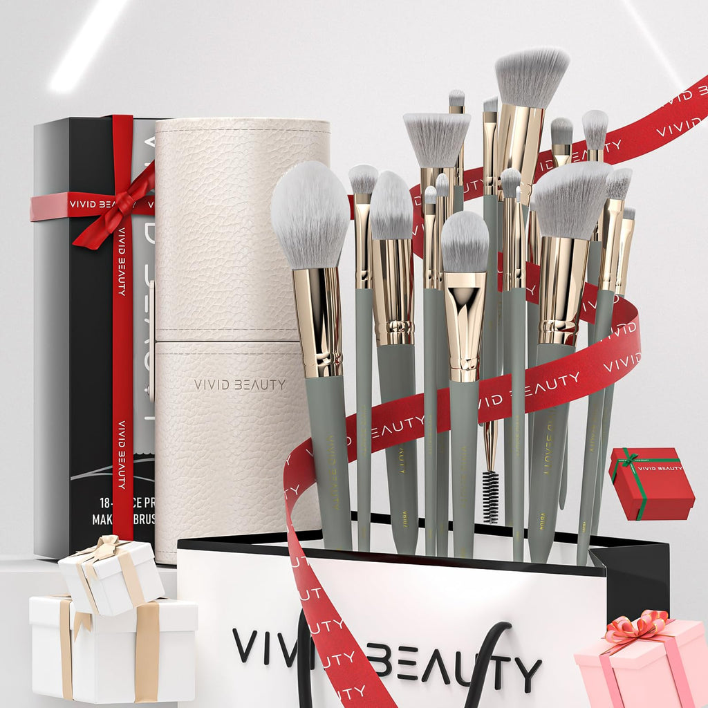 Vivid Beauty Makeup Brush Set, 18 Pcs Make up Brushes for Face and Eye with Travel Case – Natural Wood Handles – Unique Pointed Design, Makeup Brushes for Professional & Beginner Makeup Lovers (Gray)