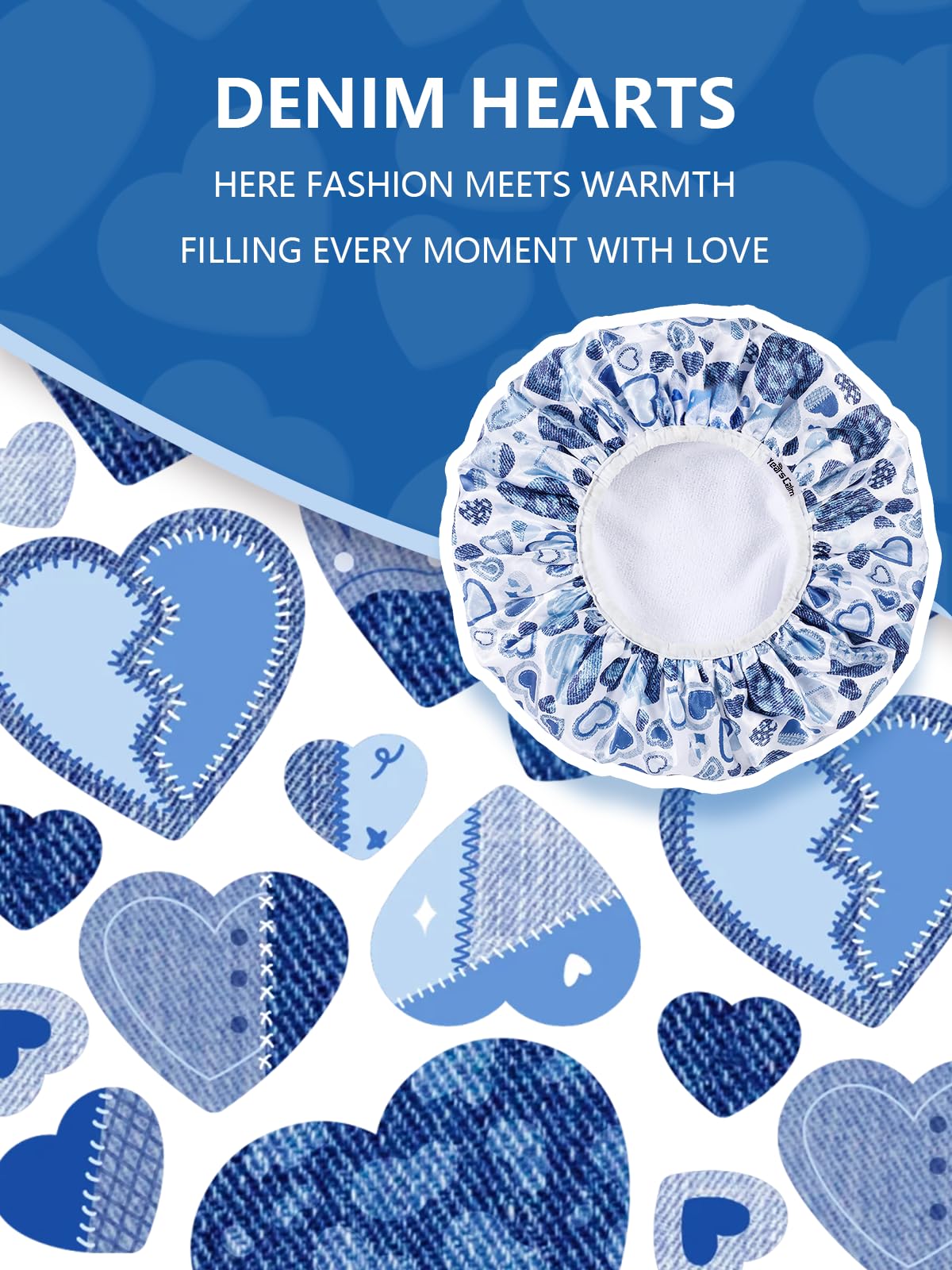 Years calm Terry Lined Shower Cap, Triple Layer Heart Motifs,Waterproof Reusable Elastic,Hair Shower Cap for Women,Terry Cloth Shower Caps for Spa,Clean,Trave (Blue, One Size)