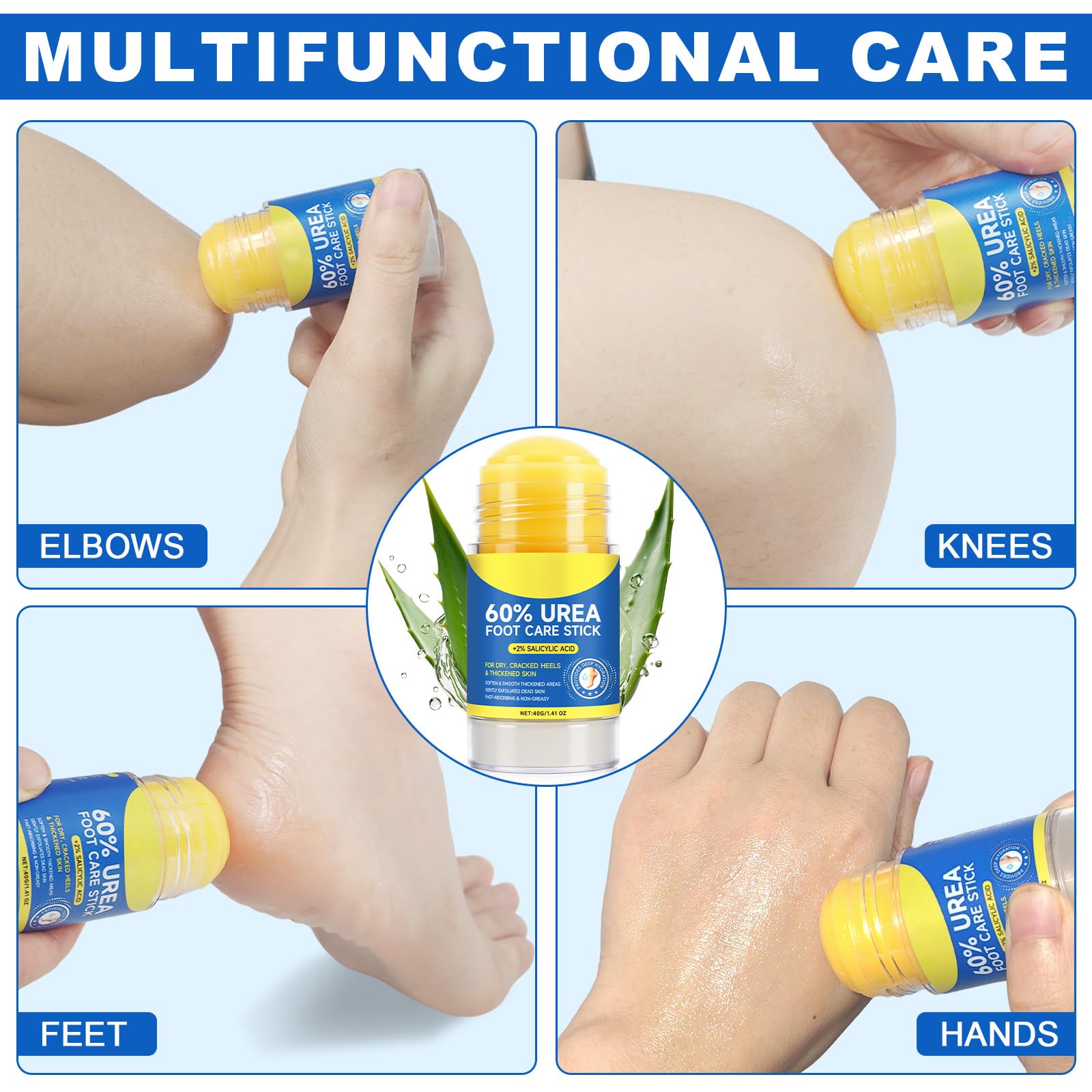 WLCTJIAYOU 2PCS Urea Cream Stick 60% + 2% Salicylic Acid, Heel Balm for Dry Cracked Feet, Callus Remover & Exfoliating Moisturizer, Fast-Absorbing Foot Cream Stick for Rough Heels, Hands & Knees
