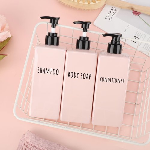 Segbeauty Refillable Shampoo and Conditioner Bottles, 3pcs 16.9oz Square Plastic Bathroom Soap Dispenser Set, 500ml Empty Shower Bottles Lotion Dispenser Press Pump Bottle for Modern Home Decor Pink
