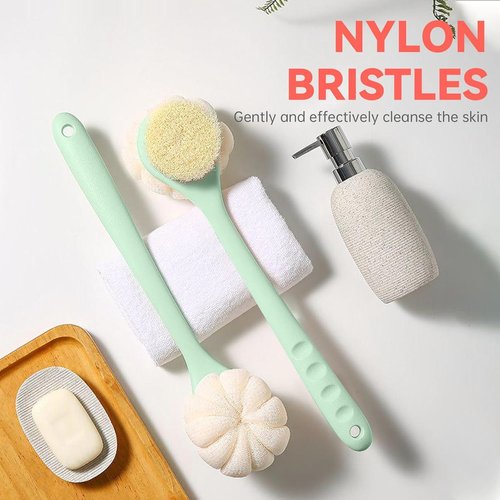 CYMPHW Back Scrubber for Shower, 15.7" Loofah with Handle, Back Shower Brush with Bristles and Loofah, Dry Brushing Body Brush for Cleanse Back and Hard to Reach Areas with Curved Long Handle