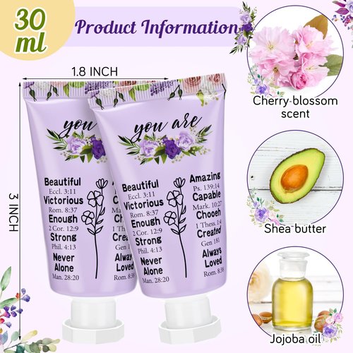 Heigble 50 Pack Christian Hand Lotion Bulk Gifts for Women Mother's Day Gifts Bible Mini Travel Hand Lotion for Women Church Appreciation(Purple Flower)