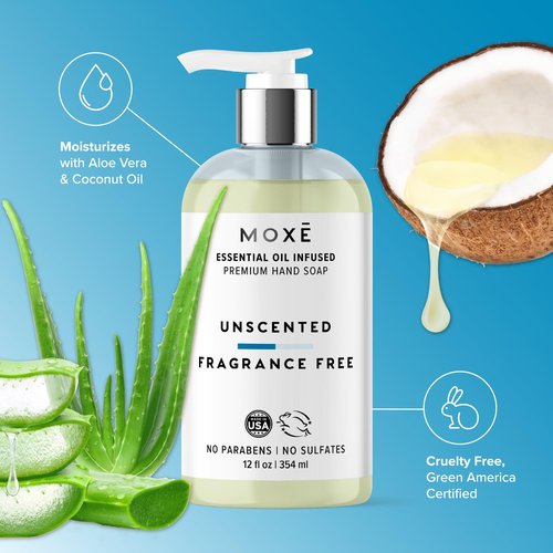 MOXE All Natural Hand Wash – Unscented Fragrance-Free– Gentle Formula, Organic & Plant-Based – For Kitchen & Bathroom – Biodegradable, Vegan, Cruelty-Free, No Sulfates or Parabens – 12 oz
