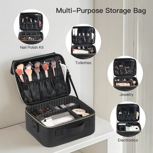 Makeup Travel Case, 12 Inch Makeup Organizer Bag with Compartment and Dividers, Portable Cosmetic Bag for Women with Brush Storage Sturdy Dual Zip Closure, Waterproof, Durable, Gift for Her, Black