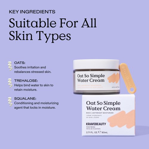 KraveBeauty Oat So Simple Water Cream Moisturizer, Calming, Lightweight Hydrating Gel Face Cream for Sensitive Skin with Oat Extract & Squalane, Fragrance Free, 80 mL