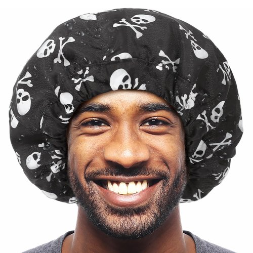 Shower Cap for Men Skulls Bath Cap, Reversible Large Waterproof Adjustable Shower Caps Terry Lining & Elastic Band Stretch Hem Hair Hat