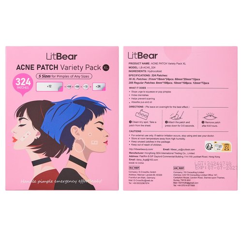 LitBear Large Pimple Patches, 5 Sizes 324 Patches Big Acne Patches, XL Hydrocolloid Bandages for Full Face, Forehead, Chin, Nose, Body, Back, Neck & Chest, Stirp, Square Large hydrocolloid Patch