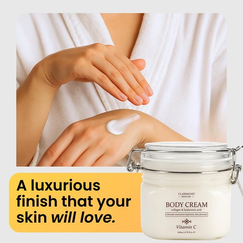 Clarimond Vitamin C Body Lotion w/Hyaluronic Acid & Collagen Peptides - Brightening Hydrating Moisturizer Non-Greasy for Dry, Sensitive Skin - Firming Tightening Body Cream