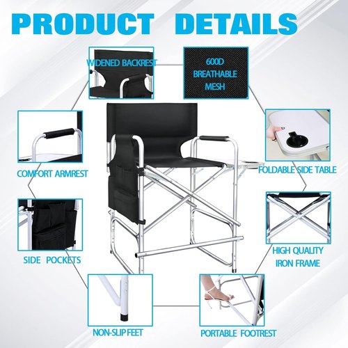 AQNIEGEP Makeup Chair - 41" Tall Folding Director's Chair with Side Table & Cup Holder | Supports 400 lbs