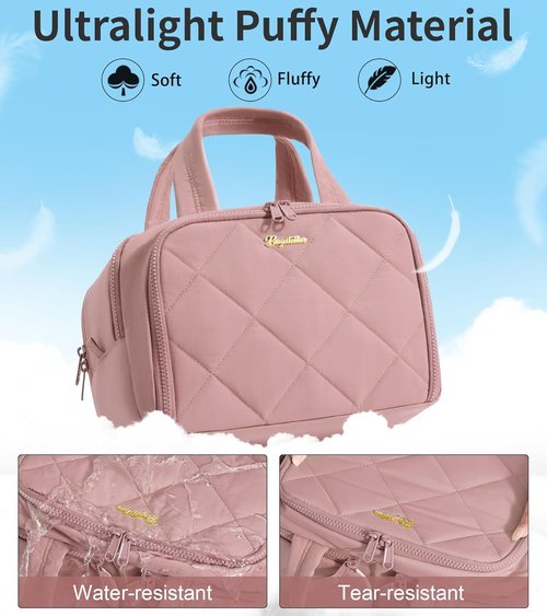 Skiennix Travel Toiletry Bag - Large Wide-Open Quilted Makeup Organizer | Water-Resistant Dark Pink