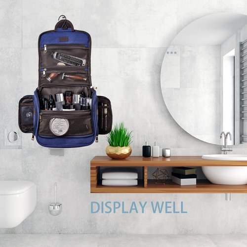 AGDHERSNVX Canvas Toiletry Bag for Men Shaving Dopp Kit Bulk Travel Hanging Makeup Organizer with Sturdy Metal Hook Portable Cosmetic Bag for Women with Large Capacity Blue