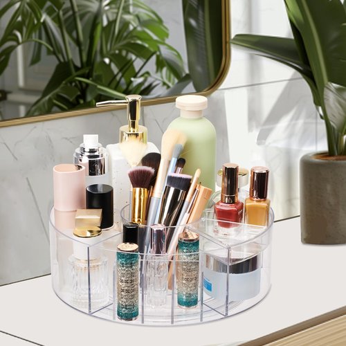 Flytreal 360 Rotating Makeup Organizer for Vanity, 10” Desk Acrylic Spinning Cosmetic Skincare Organizer Countertop, Large Clear Lazy Susan Round Organizer for Lotion, Lipsticks, Perfume, Brushes