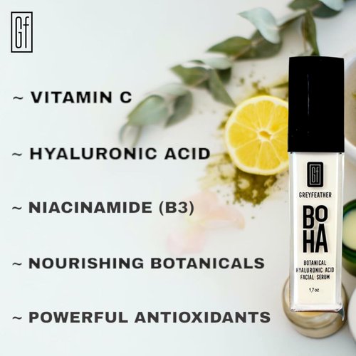 Greyfeather Hyaluronic Acid Serum for Face - Botanical Hydration with Vitamin C & E | Anti-Aging, 1.7oz
