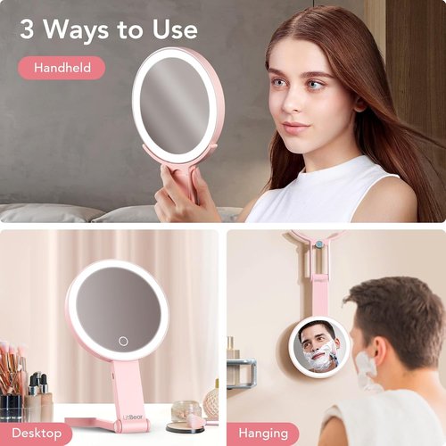 LitBear Travel Makeup Mirror - Rechargeable Double-Sided 10X/1X Magnifying Mirror with Dimmable Touch Screen | Portable Pink Beauty Mirror