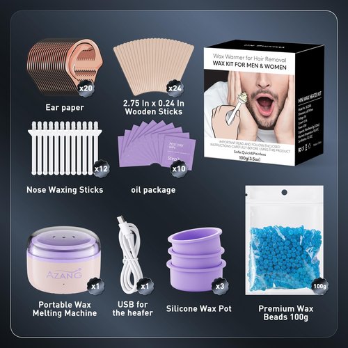 Nose Wax Kit - Portable Wax Warmer for Hair Removal with 100g Wax, 24 Applicators, 12 Nose Hair Sticks 3 Silicone Pots, Wax Melt Warmer Waxing Kit for Women and Men