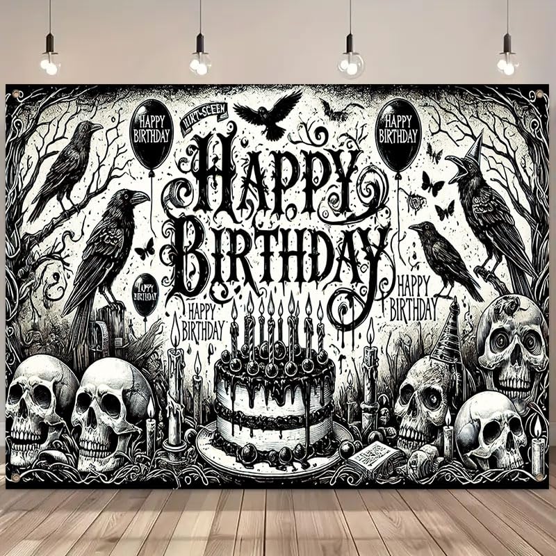 Gothic Halloween Birthday Banner - 71x43 Inch Dark Party Backdrop with Skulls & Crows - Multicolored Variation 538