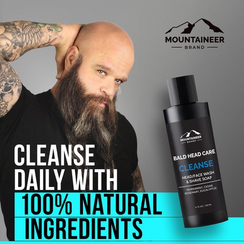 Mountaineer Brand Bald Head Exfoliator & Shampoo (Cleanse) | Fresh & Natural Scent | Bald Head Care for Men | Made in WV | Exfoliating Scalp Scrub | Hydrating Soap & Wash | 4oz