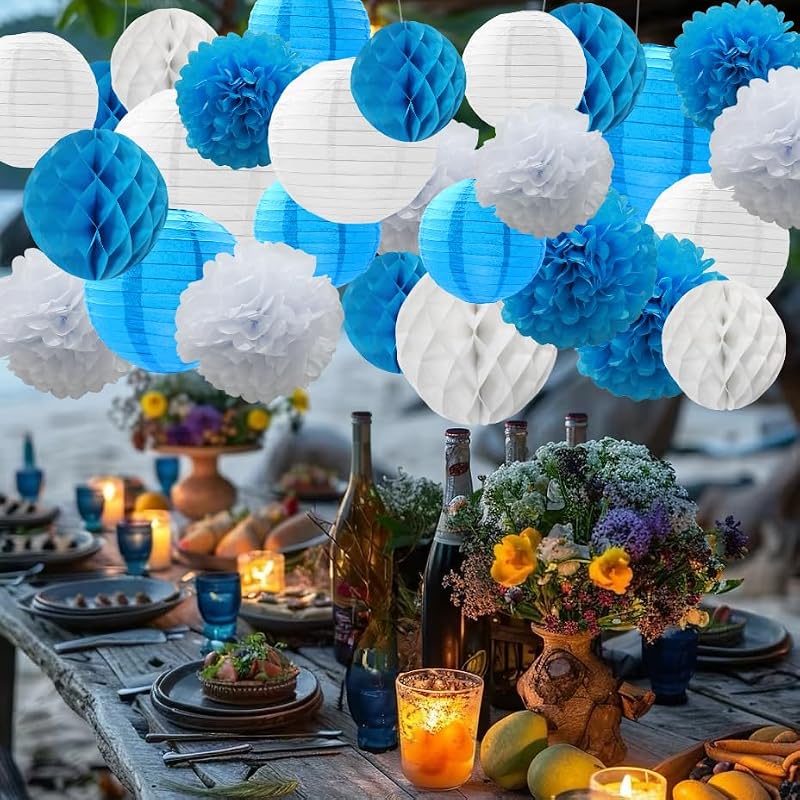 Blue and White Paper Lantern & Decoration Set for Weddings Parties and Events - 34 pcs