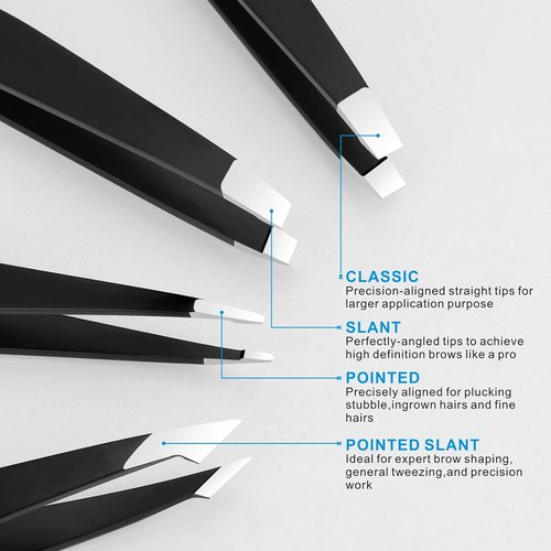 Pefei Tweezers Set - Professional Stainless Steel Precision Tweezers for Eyebrow & Facial Hair Removal | Black
