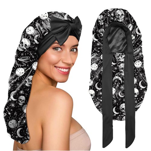 BHAHB Silk Long Satin Hair Braid Bonnet for Sleeping Adjustable Double Layer Elastic Reusable Long Hair Caps Cute Aesthetic for Women Girls-Star