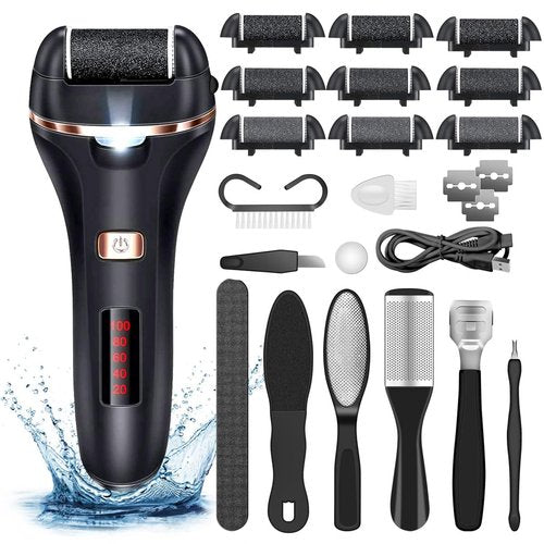 AdamPark Electric Callus Remover for Feet,Rechargeable Foot File Hard Skin Remover,Waterproof 14 in1 Professional Pedicure Kit for Cracked Heels &Dead Skin,with 9 Roller Heads 2 Speed(Black P8)