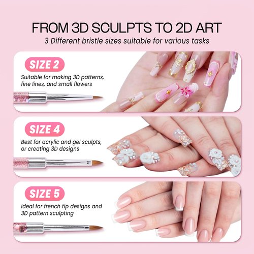 PANA 3D Kolinsky Nail Art Brush - Pink Glitter Handle, Size 2 - Acrylic Nail Art Sculpture Brush for Manicures Pedicure Salon Professional or Beginner