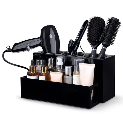 CANCRISELL Hair Tool Organizer for Bathroom Vanity – Blow Dryer Holder with Stainless Cups for Hair Dryer, Curling Iron & Straightener, Countertop Hot Tools Holder and Hair Tool Storage (BLACK)