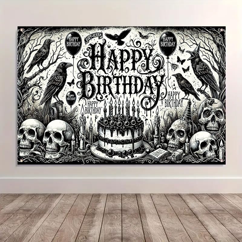 Gothic Halloween Birthday Banner - 71x43 Inch Dark Party Backdrop with Skulls & Crows - Multicolored Variation 538
