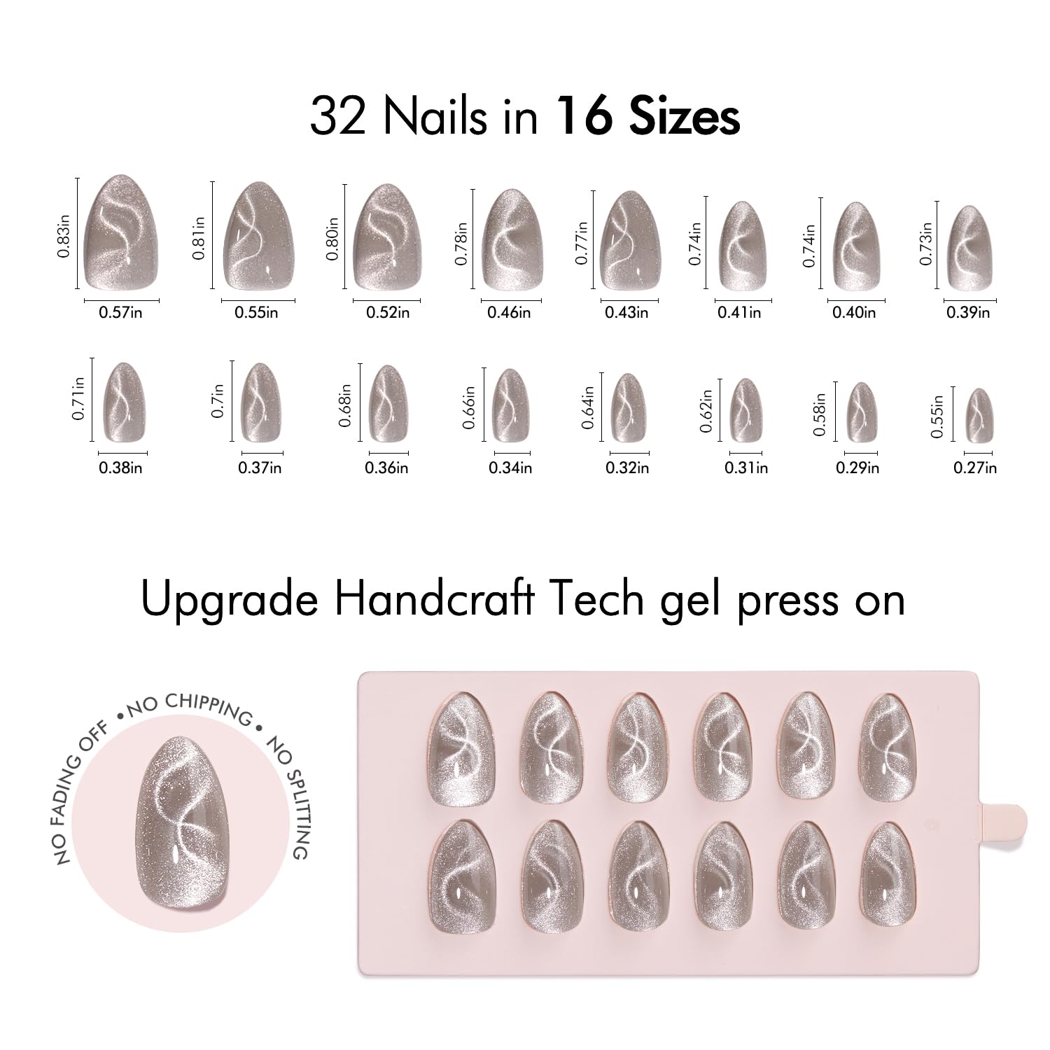VSALON Press On Nails Short Almond, 32 Pcs 16 Sizes Cat Eye Spring Press On Nails Silver Shimmer Ribbon Sparkly Fake Nails With UV Glue Reusable Stick On Nails Semi-transparent