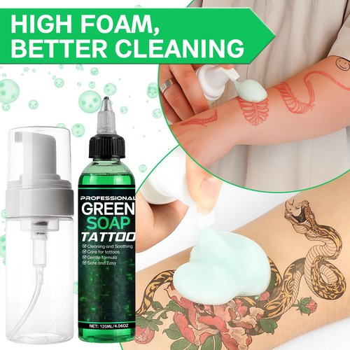 Green Soap Tattoo Concentrated 4OZ with Foaming Bottle 120ml, Tattoo Soap Supplies for Piercings and Clean Skin, Effective & Gentle (Green)