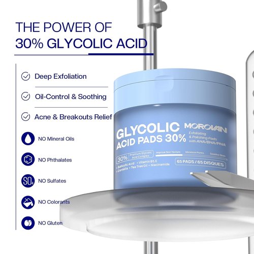Morovan Glycolic Acid Pads - 30% Dual-Sided Face Exfoliator for Clear Skin Tone | 65 Pads