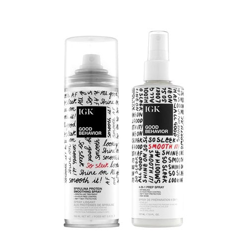 IGK Good Behavior Smoothing Frizz Fighters Set - 4-in-1 Prep & Spirulina Protein Spray | Frizz Control & Heat Protection | Vegan & Cruelty-Free
