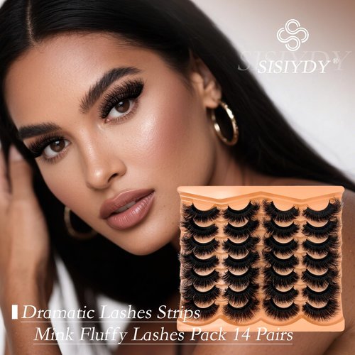 SISIYDY Mink Lashes Fluffy Dramatic Volume D Curl Big Lashes 20mm 25mm Long Cat Eyelashes Strips 14 Pairs Faux Mink Eyelash Pack Look Like Extensions For Full Eye Look YH203