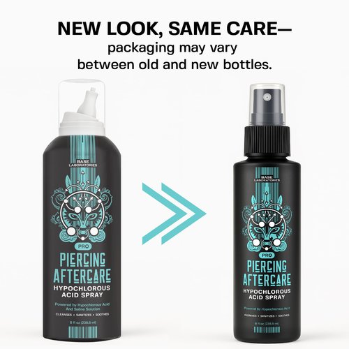 BASE LABORATORIES Piercing Aftercare Hypochlorous Acid Spray PRO - 8 OZ | Saline Solution Piercing Aftercare - Saline Spray for Ear Piercings, Bumps & Keloids | Ear, Nose, Belly - 2PK
