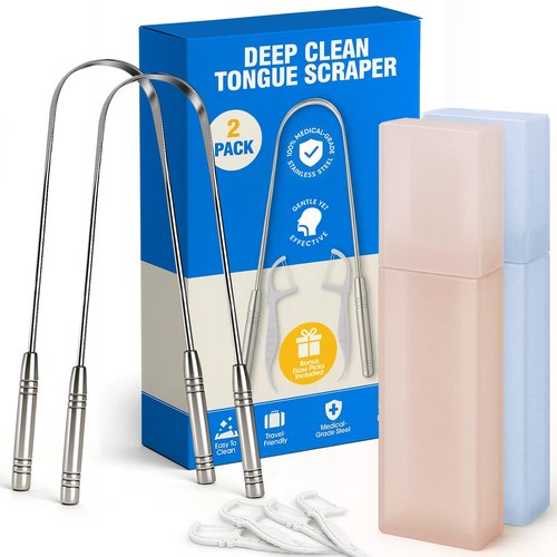Stainless Tongue Scraper Set for Adults： Easy To Use For Oral Care and Hygiene – Pack Of 2 Stainless Steel Tongue Cleaners, 2 Travel Cases, 4 Floss Picks – Cleaning for Tongue Care & Fresh Breath