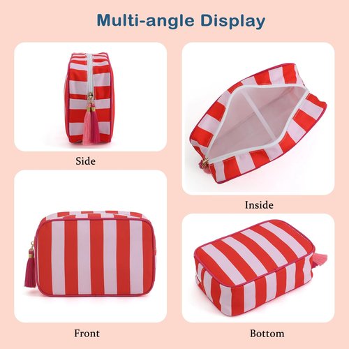 RSRSLEII Large Stripe Canvas Zipper Makeup Bag,Aesthetic Tassel Travel Cosmetic Bag,Coquette Toiletry Bag, Girls Handbags Purses,Accessories Storage Bag for Women Girls (Pink)