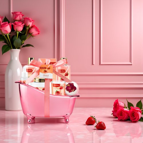 Spa Kit for Women, Bath & Body Gift Set, Luxury Home Spa Bath Gift Basket, Strawberry Scented Bath Set Christmas Gifts for Women, Pamper Gifts for Girls & Teens, Birthday Gift, Bath Self Care Gift