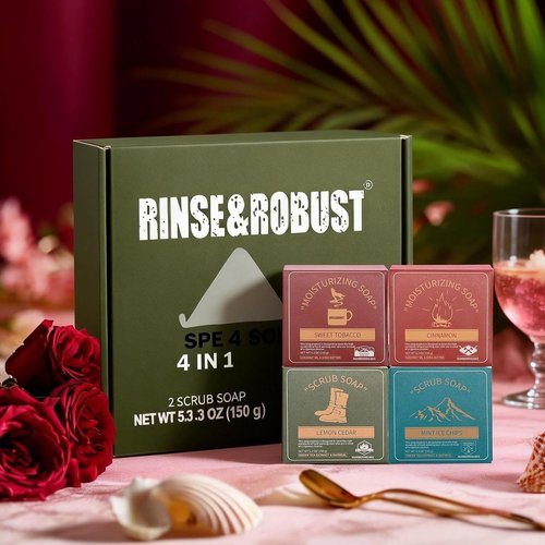 Rinse & Robust Men's Bar Soap Gift Set - 4-in-1 Cleansing, Moisturizing & Exfoliating | 5.3 oz | Cinnamon, Lemon Cedar, Mint Ice Chips, Tobacco