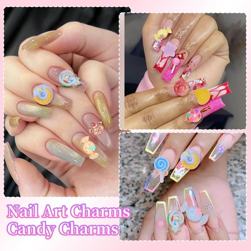 3D Candy Acrylic Nail Charms, Multi Color Cartoon Gummy Bear Fruit Lollipop Donut Ice Cream Heart Star Bows Acrylic Nail Art Charms, Candy Charm for Nails Art DIY Crafts Accessories
