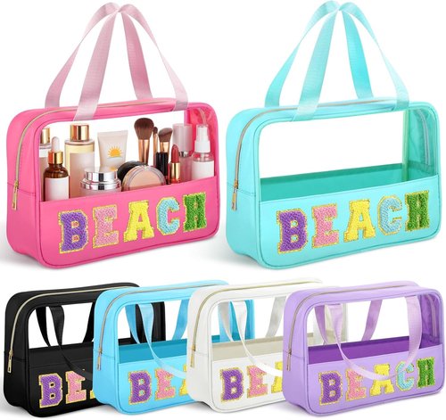 Hillban Clear Beach Makeup Bags - 6 Pcs Waterproof Travel Toiletry Set with Handle | Large PVC Nylon for Summer