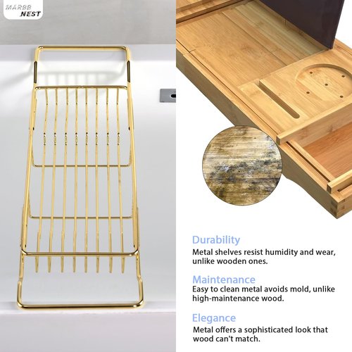 MARBBNEST Bathtub Tray Caddy for Luxury Bath Expandable Extra Wide Bath Tub Tray with Natural Marble Tray and Mobile/Tablet Stand, Ideal for Home Spa Lovers (Gold + Black)